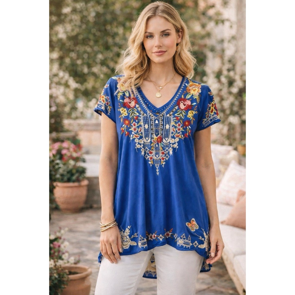 Johnny Was IZORA Knit Drape Embroidered Cotton Top Sz S Boho Festival - Picture 1 of 9